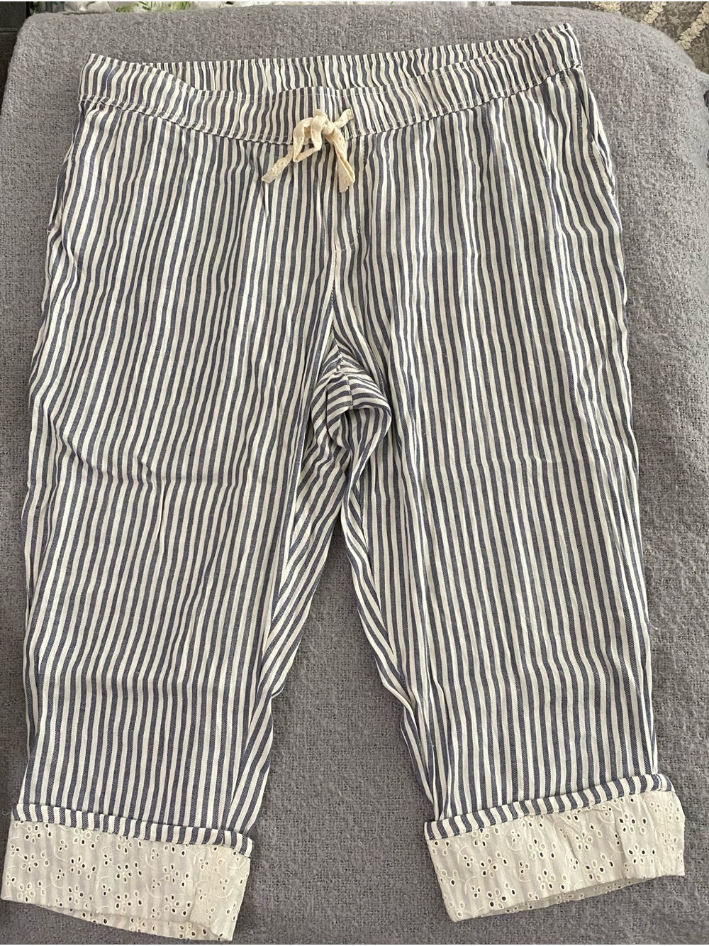 Lane Bryant Navy & White Striped Drawstring Cropped Pants with Eyelet Cuffs